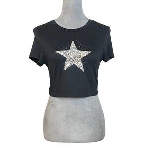 Y2k 2000’s Sequin Star Cropped Tee M Black Streetwear Summer Punk Rock Festival
